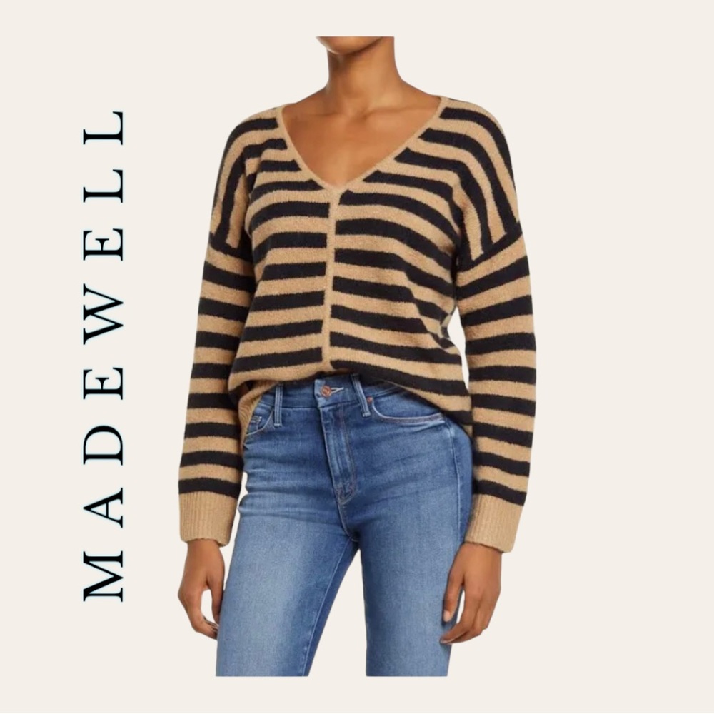 WOMEN’S MADEWELL LONG SLEEVE SWEATER STRIPES TAN AND BLACK IN COLOR SIZE X-LARGE